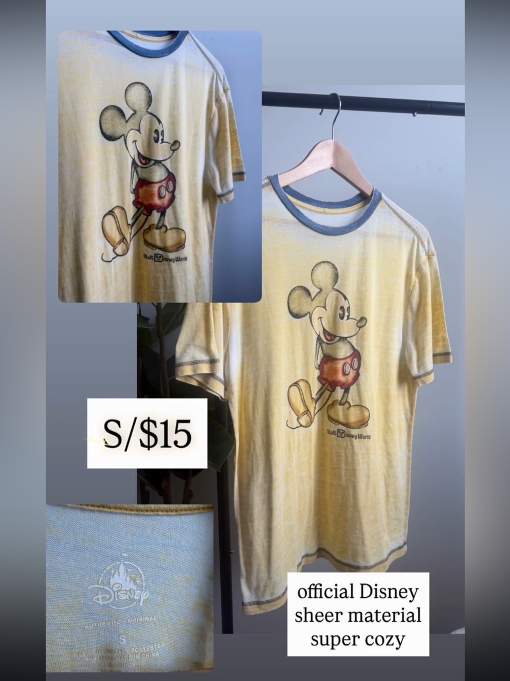 Disney Yellow Sheer Mickey Mouse Short Sleeve Tee with Blue Trim